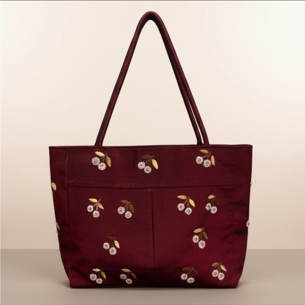 Vintage Embroidered Red Silk Tote Bag Artisan Cherry Floral Lined Structured bag